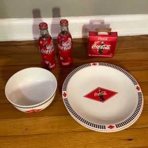 Vintage Coca Cola bundle 2 plate 1 bowl 2 bottle 1 pack coasters NEW
